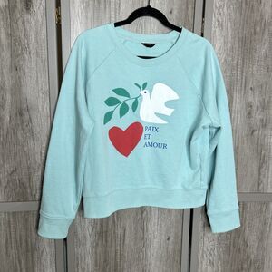 J. Crew Sweatshirt Size S PAIX ET AMOUR Dove Heart in Cotton Terry Blue